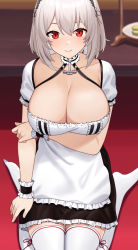 Rule 34 | 1girl, absurdres, anchor choker, apron, arms behind back, azur lane, black hairband, black skirt, blush, breast hold, breasts, choker, cleavage, closed mouth, collarbone, commentary request, dress, frills, hair between eyes, hairband, highres, large breasts, looking at viewer, motono (sakamotono), open mouth, red eyes, short hair, short sleeves, sirius (azur lane), sitting, skirt, smile, solo, thighhighs, thighs, wariza, white dress, white hair, white thighhighs