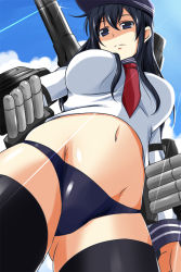 Rule 34 | 10s, 1girl, akatsuki (kancolle), black hair, black thighhighs, blue eyes, blue panties, blue sky, breasts, cannon, cloud, day, female focus, from below, hat, highres, kantai collection, large breasts, machinery, midriff, navel, neckerchief, nishi koutarou, no pants, panties, red neckerchief, shaded face, sky, solo, thighhighs, underwear