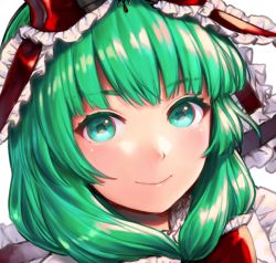 Rule 34 | 1girl, bow, closed mouth, commentary request, frills, front ponytail, green eyes, green hair, hair bow, kageharu, kagiyama hina, long hair, portrait, red bow, simple background, smile, solo, tagme, touhou, white background