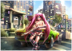 Rule 34 | 1girl, alternate hair color, blue eyes, blush, breasts, car, emperpep, female focus, gun, hatsune miku, long hair, looking at viewer, motor vehicle, nipples, outdoors, pink hair, public indecency, pussy, solo, twintails, uncensored, vehicle, vocaloid, weapon, wet