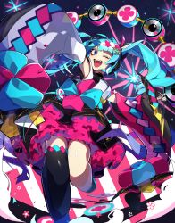 Rule 34 | 1girl, aqua bow, aqua eyes, aqua hair, asymmetrical sleeves, black thighhighs, blunt bangs, bow, bowtie, commentary, detached sleeves, drum, feet out of frame, floral print, folding fan, hair ornament, hair ribbon, hairclip, hand fan, hatsune miku, highres, holding, holding fan, instrument, japanese clothes, kikori70796699, leg up, long hair, looking at viewer, magical mirai (vocaloid), magical mirai miku, magical mirai miku (2020 summer), mismatched sleeves, night, one eye closed, open mouth, pink bow, ribbon, single thighhigh, smile, solo, speaker, standing, star (sky), thighhighs, twintails, very long hair, vocaloid, wide sleeves