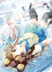 Rule 34 | 1girl, air bubble, animal ears, bad hands, black thighhighs, blue eyes, blue sailor collar, blue skirt, blurry, blurry background, blush, brown hair, bubble, cat ears, cat girl, cat tail, commentary request, depth of field, fang, long hair, looking at viewer, open mouth, original, outstretched arm, parted bangs, pleated skirt, rougetsu, sailor collar, shirt, short sleeves, skirt, solo, tail, thighhighs, underwater, very long hair, white shirt