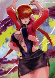 Rule 34 | 1girl, breasts, cleavage, cleavage cutout, clothing cutout, cropped jacket, earrings, hair over eyes, highres, jacket, jewelry, large breasts, lips, lipstick, long hair, looking at viewer, makeup, miniskirt, navel, ponytail, red hair, shermie (kof), side slit, skirt, smile, solo, the king of fighters, the king of fighters xv, thighs, yuu (primenumber7)