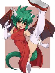 Rule 34 | :d, blush, border, breasts, brown eyes, china dress, chinese clothes, cleft of venus, draco centauros, dragon girl, dragon horns, dragon tail, dragon wings, dress, elbow gloves, fang, gloves, green hair, horns, medium breasts, no bra, open mouth, outside border, paid reward available, panties, pussy, puyopuyo, red dress, shoes, side-tie panties, sleeveless, sleeveless dress, smile, split, standing, standing on one leg, standing split, stupa13a, sweatdrop, tail, thighhighs, underwear, white border, white gloves, white thighhighs, wings