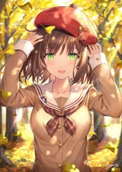 Rule 34 | 1girl, :d, arms up, autumn, bad id, bad pixiv id, beret, blurry, breasts, brown hair, brown neckerchief, brown shirt, buttons, collarbone, dappled sunlight, day, depth of field, ginkgo leaf, green eyes, hat, highres, leaf, light rays, long sleeves, looking at viewer, medium breasts, neckerchief, open mouth, original, outdoors, plaid neckerchief, red hat, rin yuu, sailor collar, school uniform, shirt, short hair, signature, smile, solo, sunbeam, sunlight, tree, upper body, white sailor collar