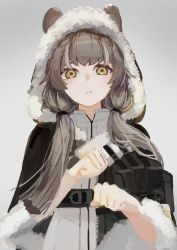 Rule 34 | 1girl, absurdres, arknights, black capelet, brown eyes, brown hair, capelet, clenched teeth, commentary request, dress, ears through headwear, eyebrows hidden by hair, fur-trimmed capelet, fur-trimmed hood, fur trim, grey background, grey hair, hair over shoulder, hands up, highres, honeyberry (arknights), hood, hood up, hooded capelet, low twintails, multicolored hair, simple background, solo, streaked hair, teeth, tokagenox, twintails, upper body, white dress