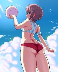 Rule 34 | 1girl, ass, backlighting, ball, beach volleyball, bikini, blue sky, brown eyes, cloud, commentary request, cowboy shot, day, from behind, from below, gluteal fold, gussuripii, highres, holding, holding ball, looking at viewer, looking back, mismatched bikini, nagato yuki, outdoors, playing sports, purple hair, red bikini, short hair, sky, solo, standing, suzumiya haruhi no yuuutsu, swimsuit, volleyball, volleyball (object), white bikini