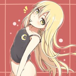 Rule 34 | 10s, 1girl, alternate costume, alternate hairstyle, bad id, bad twitter id, bare arms, blonde hair, bottomless, commentary request, crescent, crescent hair ornament, crescent pin, crop top, eyebrows, hair down, hair ornament, kantai collection, long hair, looking at viewer, looking up, mouth hold, navel, no panties, no pants, nonono (mino), satsuki (kancolle), satsuki kai ni (kancolle), smile, solo, yellow eyes