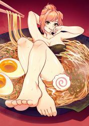 Rule 34 | 1girl, :q, animal ears, arms up, bare arms, bare legs, bare shoulders, barefoot, breasts, brown eyes, chopsticks, cleavage, commentary, food, hardboiled egg, highres, jellypon, kamaboko, large breasts, looking at viewer, narutomaki, noodles, original, pink hair, pink lips, ramen, red background, short hair, solo, strapless, thighs, tongue, tongue out, tube top
