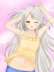Rule 34 | 1girl, arms up, blue pants, blush, breasts, brown eyes, collarbone, flower knight girl, highres, komugi (flower knight girl), long hair, looking at viewer, medium breasts, midriff, navel, one eye closed, open mouth, pants, pink background, shirt, silver hair, sparkle, standing, tank top, weru, wind, wind lift, yellow shirt