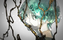 Rule 34 | 10s, androgynous, aqua hair, blurry, colored eyelashes, covered mouth, crystal, depth of field, gender request, gold, grey background, houseki no kuni, light particles, looking at viewer, phosphophyllite, portrait, shade, short hair, solo, toooka