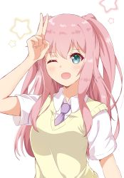 Rule 34 | 1girl, ;d, absurdres, arm at side, arm up, blush, breasts, collared shirt, commentary, green eyes, hair between eyes, happy, highres, long hair, looking at viewer, necktie, nemoto hina, one eye closed, open mouth, pink hair, purple necktie, school uniform, shirt, short sleeves, simple background, smile, solo, split mouth, star (symbol), starry background, sweater vest, two side up, upper body, v, wata9mm no, watashi ga motenai no wa dou kangaetemo omaera ga warui!, white background, white shirt, yellow sweater vest