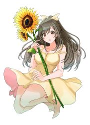 Rule 34 | 1girl, :o, artist request, bare legs, blush, breasts, brown eyes, brown hair, cleavage, collarbone, dot nose, dress, feet, flower, hair ribbon, highres, idolmaster, idolmaster shiny colors, large breasts, long hair, looking at viewer, ribbon, sundress, sunflower, thighs, tsukioka kogane, white background