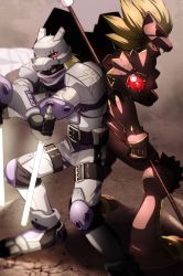 Rule 34 | 2boys, agnimon, armor, armored boots, back-to-back, belt, black belt, black gloves, blonde hair, boots, digimon, digimon (creature), digimon frontier, full body, gloves, glowing, grey pants, helmet, highres, holding, holding weapon, kanbara takuya, knee pads, lion mask, long hair, looking at viewer, male focus, minamoto kouji, multiple boys, pants, red eyes, shoulder armor, standing, takeda conomi, weapon, wolfmon