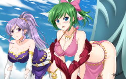 Rule 34 | &gt;:(, 2girls, ass, belt, blush, bow, breasts, cleavage, commission, dancer, dress, earrings, elbow gloves, fire emblem, fire emblem: genealogy of the holy war, gloves, green eyes, green hair, hair bow, highres, ishtar (fire emblem), jewelry, large breasts, lene (fire emblem), long hair, midriff, multiple girls, nintendo, pelvic curtain, ponytail, purple eyes, short hair, silver hair, strapless, strapless dress, teardrop, tears, the-sinner, thighhighs, torn clothes, torn gloves