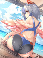 Rule 34 | 1girl, adworse, ass, bird wings, blue hair, blue sky, closed mouth, cloud, commentary, dutch angle, grey hair, head wings, highres, horizon, horns, looking at viewer, looking back, multicolored hair, one-piece swimsuit, outdoors, red wings, single head wing, sitting, sky, smile, solo, swimsuit, tokiko (touhou), touhou, two-tone hair, wings