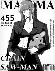 Rule 34 | 1girl, abs, absurdres, barcode, braid, braided ponytail, breasts, carrying, chainsaw man, character name, cleavage, collarbone, copyright name, cover, formal, greyscale, head tilt, highres, holding, holding phone, light smile, looking at viewer, magazine cover, makima (chainsaw man), medium breasts, monochrome, muscular, muscular female, no shirt, phone, pochita (chainsaw man), ringed eyes, sidelocks, suit, sweatdrop, yones81239278