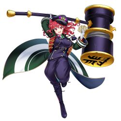 Rule 34 | 1girl, :d, alternate costume, black coat, black footwear, black hat, black jacket, black pants, boots, breasts, coat, collared shirt, full body, game cg, gloves, green necktie, hair bobbles, hair ornament, hammer, hat, highres, holding, holding hammer, holding ticket, jacket, large breasts, long sleeves, looking at viewer, necktie, onozuka komachi, onozuka komachi (underground waste ward ticket puncher), open clothes, open coat, open mouth, pants, peaked cap, red eyes, red hair, rotte (1109), shirt, short hair, simple background, smile, solo, third-party source, touhou, touhou lostword, two side up, white background, white gloves, white shirt