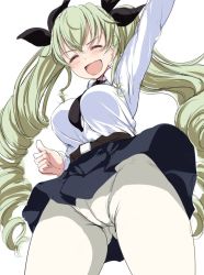 Rule 34 | 10s, 1girl, :d, anchovy (girls und panzer), anzio school uniform, arm up, bad id, bad twitter id, belt, black belt, black necktie, black ribbon, black skirt, clenched hand, commentary, cowboy shot, dress shirt, drill hair, facing viewer, girls und panzer, green hair, hair ribbon, holding, long hair, long sleeves, miniskirt, necktie, open mouth, panties, panties under pantyhose, pantyhose, pleated skirt, ponytail korosuke, red eyes, ribbon, riding crop, school uniform, shirt, simple background, skirt, smile, solo, standing, twin drills, twintails, underwear, white background, white pantyhose, white shirt