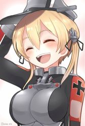 Rule 34 | 1girl, :d, ^ ^, ahenn, anchor hair ornament, arm up, black jacket, black ribbon, blonde hair, blush, breasts, closed eyes, commentary request, cross, grey hat, hair between eyes, hair ornament, hair ribbon, hat, iron cross, jacket, kantai collection, large breasts, long hair, open mouth, peaked cap, prinz eugen (kancolle), ribbon, smile, solo, teeth, twintails, upper body, upper teeth only