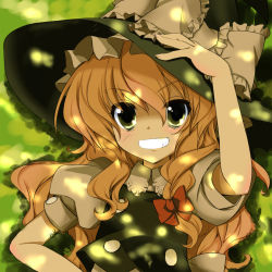 Rule 34 | 1girl, bad id, bad pixiv id, blonde hair, bow, braid, colorized, female focus, gotou nao, grin, hair bow, hand on own hip, hat, kirisame marisa, long hair, smile, solo, touhou, upper body, witch, witch hat, yellow eyes
