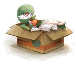 Rule 34 | 1girl, :o, berry (pokemon), bob cut, box, cardboard box, colored skin, creatures (company), female focus, flat chest, game freak, gardevoir, gen 3 pokemon, green hair, green skin, hair over one eye, in box, in container, inumura (inu noya), japanese text, multicolored skin, nervous, nintendo, open mouth, oran berry, pokemon, pokemon (creature), red eyes, short hair, simple background, solo, sweat, sweatdrop, translated, two-tone skin, white background, white skin