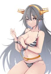 Rule 34 | + +, 1girl, absurdres, bikini, breasts, brown eyes, cleavage, commentary request, commission, cuffs, grey hair, hair ornament, hairband, hairclip, handcuffs, haruna (kancolle), highres, honma (honmatomohiro), kantai collection, large breasts, long hair, looking at viewer, saliva, simple background, skeb commission, solo, star-shaped pupils, star (symbol), star in eye, striped bikini, striped clothes, swimsuit, symbol-shaped pupils, symbol in eye, white background