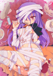 Rule 34 | 1girl, ;), ahoge, antenna hair, bad id, bad pixiv id, bandages, bandages, barefoot, bdsm, bondage, bound, breasts, candy, cape, eating, female focus, food, groin, halloween, highres, homura subaru, jack-o&#039;-lantern, long hair, lying, naked bandage, naked cape, navel, nude, on back, one eye closed, pocky, purple hair, red eyes, ribbon, small breasts, smile, solo, thighs, trick or treat, wink