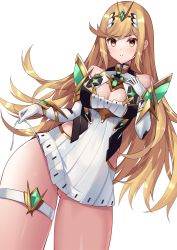 Rule 34 | 1girl, bare shoulders, blonde hair, breasts, cleavage, cleavage cutout, clothing cutout, dress, elbow gloves, eol 9, from below, gem, gloves, gluteal fold, headpiece, highres, jewelry, long hair, looking at viewer, medium breasts, mythra (xenoblade), nintendo, simple background, solo, swept bangs, thigh strap, thighs, tiara, white background, xenoblade chronicles (series), xenoblade chronicles 2, yellow eyes