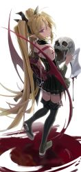 Rule 34 | 1girl, absurdres, blonde hair, blood, cross, freng, highres, looking back, original, pink hair, pointy ears, skirt, skull, thighhighs, twintails, white background