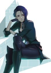 Rule 34 | 1girl, aduti momoyama, belt, black gloves, black neckwear, black pants, black shirt, bodice, brown eyes, choker, closed mouth, commentary request, fire emblem, fire emblem: three houses, gloves, green belt, green jacket, green legwear, hand on own cheek, hand on own face, highres, jacket, crossed legs, lips, looking away, looking to the side, nintendo, open clothes, open jacket, pants, pink lips, purple hair, shamir nevrand, shirt, short hair, sitting, solo