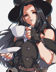 Rule 34 | 1other, absurdres, androgynous, ascot, asymmetrical gloves, bare shoulders, black gloves, black hair, black hat, cup, fingerless gloves, gloves, gokuu (acoloredpencil), guilty gear, guilty gear strive, hat, highres, holding, holding cup, long hair, looking at viewer, looking to the side, orange eyes, other focus, saucer, scythe, teacup, testament (guilty gear), top hat, white ascot, white gloves