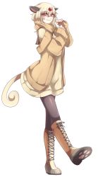 Rule 34 | 1girl, animal ears, bad id, bad pixiv id, black pantyhose, blonde hair, boots, brown footwear, cat ears, cat tail, creatures (company), cross-laced footwear, female focus, forehead jewel, full body, game freak, gem, gen 1 pokemon, headpiece, knee boots, lace-up boots, looking at viewer, nail polish, nintendo, pantyhose, paw print, persian, personification, pokemon, red eyes, red nails, shikkoku neko, smile, solo, standing, tail, walking, white background