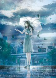 Rule 34 | 1girl, black hair, blue theme, blurry, bracelet, bug, butterfly, city, cloud, cloudy sky, depth of field, expressionless, fusui, bug, jewelry, long hair, looking at viewer, original, outstretched arm, rain, reflection, road, sandals, signature, sky, solo, standing, street, transparent, transparent umbrella, tree, umbrella, watch, water, water drop, wristwatch