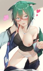 Rule 34 | 1girl, absurdres, animal ear fluff, animal ears, bare shoulders, belt, black shirt, blue shorts, breasts, brown belt, cleavage, collarbone, denim, denim shorts, fangs, fox ears, fox tail, glasses, green eyes, green hair, heart, highres, jacket, jewelry, large breasts, looking at viewer, necklace, nipples, off shoulder, one breast out, open clothes, open jacket, pallad, panties, red-framed eyewear, semi-rimless eyewear, shirt, short hair, short shorts, shorts, sleeveless, sleeveless shirt, smile, solo, strap pull, string panties, tail, thighs, tongue, tongue out, under-rim eyewear, underwear, vrchat, white panties, yuyake hino