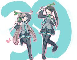 Rule 34 | 2girls, 39, aqua necktie, black footwear, black hair, black skirt, blue eyes, blush, boots, closed eyes, cosplay, detached sleeves, flying sweatdrops, full body, grey shirt, hair ribbon, hatsune miku, hatsune miku (cosplay), headphones, highres, holding, kantai collection, leg up, light brown hair, long hair, long sleeves, low twintails, mikuma (kancolle), mikura (kancolle), multiple girls, musical note, name connection, necktie, open mouth, ribbon, shirt, simple background, skirt, sleeveless, sleeveless shirt, spring onion, standing, standing on one leg, thigh boots, thighhighs, twintails, vocaloid, wss (nicoseiga19993411)
