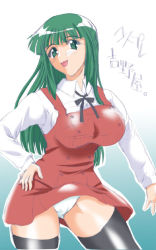 Rule 34 | 1girl, bow, breasts, green eyes, green hair, hidamari sketch, large breasts, long hair, matching hair/eyes, open mouth, panties, solo, source request, text focus, thighhighs, thighs, translation request, underwear, yoshinoya (hidamari sketch)
