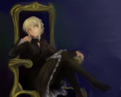 Rule 34 | 1girl, artoria pendragon (all), artoria pendragon (fate), blonde hair, chair, cleavage cutout, clothing cutout, fate/stay night, fate (series), gothic lolita, kagami uekusa, crossed legs, lolita fashion, no shoes, official alternate costume, pantyhose, saber (fate), saber alter, sitting, solo, throne, yellow eyes