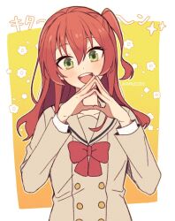 Rule 34 | 1girl, blush, bocchi the rock!, bow, bowtie, brown jacket, buttons, double-breasted, green eyes, jacket, kita ikuyo, long hair, long sleeves, nm222hz, one side up, open mouth, own hands together, red bow, red bowtie, red hair, sailor collar, shirt, smile, solo, steepled fingers, teeth, twitter username, upper teeth only, white shirt