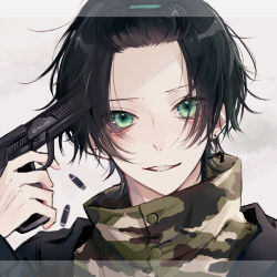 Rule 34 | 1boy, black hair, bullet, earrings, finger on trigger, green eyes, gun, hair ornament, hairclip, handgun, highres, holding, holding gun, holding weapon, jewelry, looking at viewer, male focus, myuhuaki, original, parted lips, pistol, short hair, single earring, smile, soldier, solo, twitter username, upper body, weapon