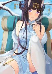 Rule 34 | 1girl, azur lane, bare shoulders, blue dress, blunt bangs, blush, body blush, breasts, china dress, chinese clothes, closed mouth, collarbone, cup, double bun, dress, flower, fur trim, garter straps, hair bun, hair flower, hair ornament, hairpin, highres, holding, holding cup, horns, leg up, long hair, looking at viewer, medium breasts, noshiro (azur lane), noshiro (fragrance of the eastern snow) (azur lane), off shoulder, official alternate costume, oni horns, outdoors, purple eyes, purple hair, shaketarako, sitting, sleeveless, sleeveless dress, smile, snow, snowflake print, solo, steam, tea, teacup, thighhighs, thighs, tree, white thighhighs
