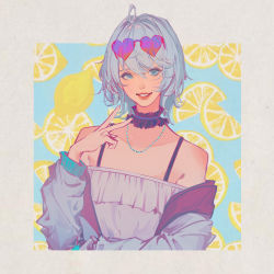 Rule 34 | 1girl, absurdres, bare shoulders, blue eyes, blue hair, border, commentary, detached collar, food, frilled shirt, frills, fruit, grey border, heart, heart-shaped eyewear, highres, jacket, jewelry, lemon, lemon slice, lips, long sleeves, looking at viewer, necklace, off-shoulder shirt, off shoulder, original, parted lips, purple-tinted eyewear, purple jacket, purple shirt, shirt, short hair, smile, solo, spaghetti strap, storia, sunglasses, symbol-only commentary, tinted eyewear, upper body, v