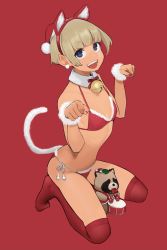 Rule 34 | 1girl, animal ears, bad id, bad twitter id, bikini, blonde hair, blue eyes, breasts, cat ears, cat tail, commentary request, dark-skinned female, dark skin, drum, drumsticks, earrings, fake animal ears, fake tail, female focus, fur trim, ganbare douki-chan, highres, instrument, jewelry, looking at viewer, open mouth, paw pose, red background, red bikini, red theme, red thighhighs, round teeth, shinjin-chan (douki-chan), side-tie bikini bottom, sidelocks, sitting, small breasts, solo, swimsuit, tail, tanuki, teeth, thighhighs, wariza, yomu (sgt epper)