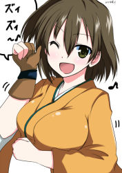 Rule 34 | 10s, 1girl, ;d, breasts, brown eyes, brown hair, gloves, hair between eyes, hakama, hakama skirt, hinase (jet hearts), hiryuu (kancolle), japanese clothes, kantai collection, large breasts, looking at viewer, one eye closed, open mouth, partially fingerless gloves, partly fingerless gloves, short hair, side ponytail, single glove, skirt, smile, solo, yugake, zui zui dance