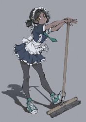 Rule 34 | 1girl, absurdres, apron, arched back, black hair, black pantyhose, brown hair, converse, dark-skinned female, dark skin, double bun, frills, full body, green necktie, grey background, hair bun, highres, looking at viewer, maid, maid apron, maid headdress, medium hair, mop, necktie, original, outstretched arms, outstretched hand, pantyhose, pout, puffy short sleeves, puffy sleeves, shadow, shoes, short sleeves, simple background, sneakers, solo, standing, sw.31