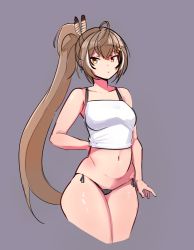 Rule 34 | 1girl, ahoge, arm at side, arm behind back, black panties, breasts, brown hair, cropped legs, drawfag, feather hair ornament, feathers, grey background, hair ornament, high ponytail, highres, hololive, hololive english, long hair, looking at viewer, multicolored hair, nanashi mumei, navel, panties, shirt, side-tie panties, simple background, sleepwear, small breasts, solo, streaked hair, tank top, thighs, tsurime, underwear, very long hair, virtual youtuber, white shirt, yellow eyes