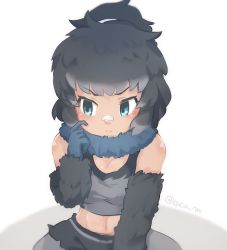 Rule 34 | 10s, 1girl, abs, artist name, bandaid, bandaid on face, bandaid on nose, bare shoulders, black hair, blue eyes, blush, gloves, gorilla (kemono friends), grey hair, kemono friends, midriff, multicolored hair, navel, ponytail, scarf, simple background, sitting, solo, tatsuno newo, two-tone hair, upper body, white background