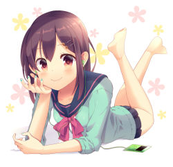 Rule 34 | 1girl, aqua nails, arm support, bad id, bad pixiv id, barefoot, black skirt, blue nails, blush, brown hair, collarbone, digital media player, earbuds, earphones, full body, hair ornament, hairclip, hand on own cheek, hand on own face, head rest, legs, legs up, looking at viewer, lying, nail polish, natsume3304, neck ribbon, on stomach, original, pleated skirt, red ribbon, ribbon, school uniform, serafuku, shadow, short hair, skirt, sleeves pushed up, smile, solo, sweater, the pose, white background