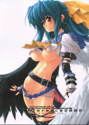 Rule 34 | 1girl, arc system works, areola slip, asymmetrical wings, belt, breasts, buckle, dizzy (guilty gear), guilty gear, large breasts, miwa yoshikazu, nipple slip, nipples, pirate, sailor collar, short shorts, shorts, simple background, solo, tail, tattoo, thighhighs, underboob, wings
