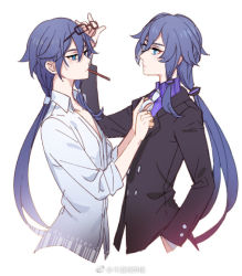 Rule 34 | 2girls, adjusting clothes, black hair, black jacket, blue eyes, closed mouth, collared shirt, dual persona, food, food in mouth, fu hua, glasses, grey necktie, hand in pocket, honkai (series), honkai impact 3rd, jacket, long hair, looking at another, multiple girls, necktie, pocky, purple shirt, shirt, simple background, verus, white background, white shirt
